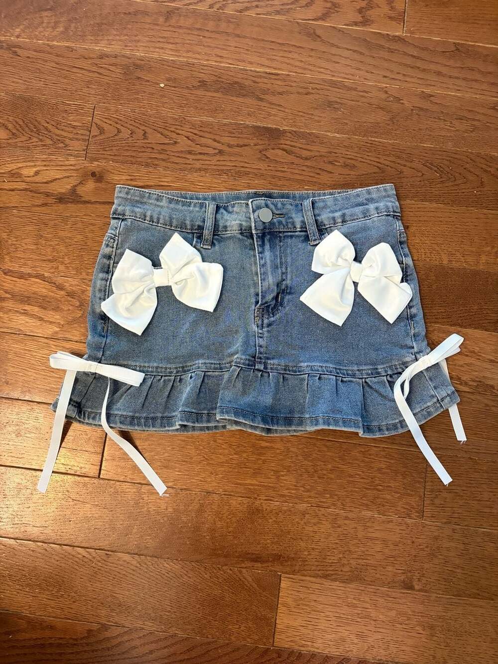 Coquette Denim Skirt with White Ribbon Bows and Ruffle Hem